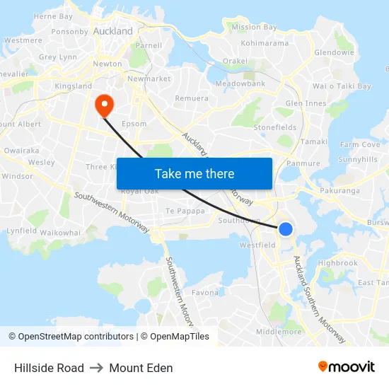 Hillside Road to Mount Eden map
