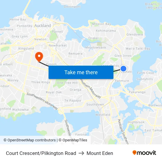 Court Crescent/Pilkington Road to Mount Eden map