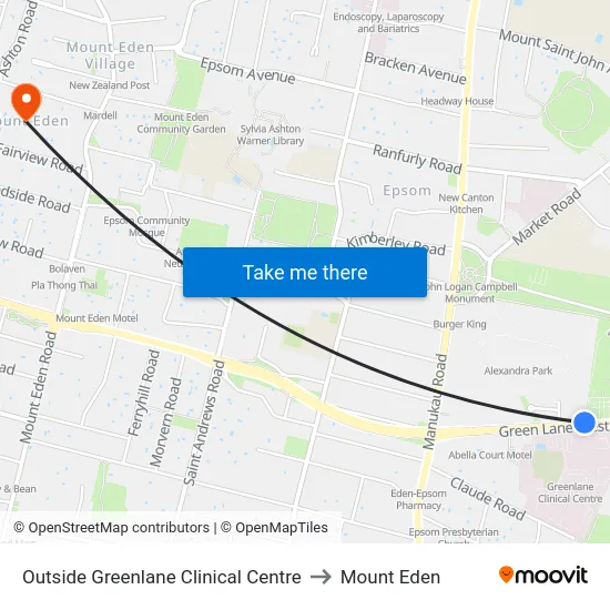 Outside Greenlane Clinical Centre to Mount Eden map