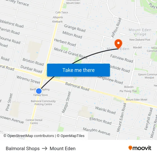 Balmoral Shops to Mount Eden map