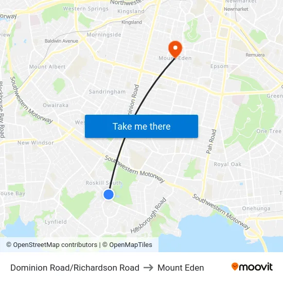Dominion Road/Richardson Road to Mount Eden map