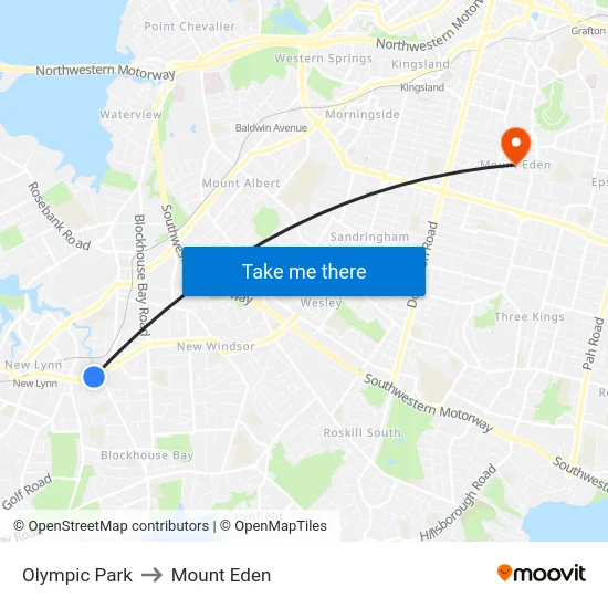 Olympic Park to Mount Eden map