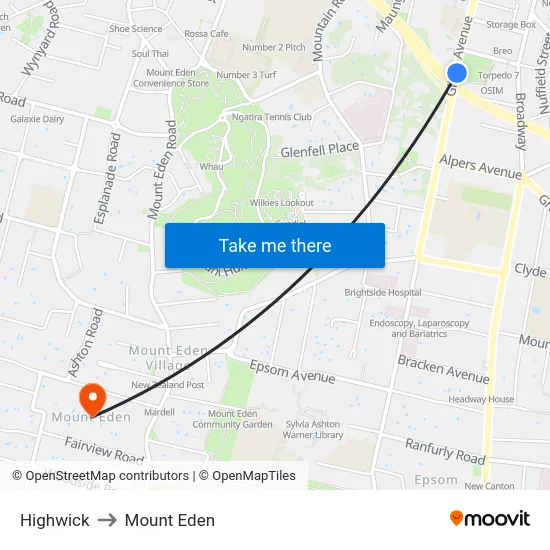 Highwick to Mount Eden map