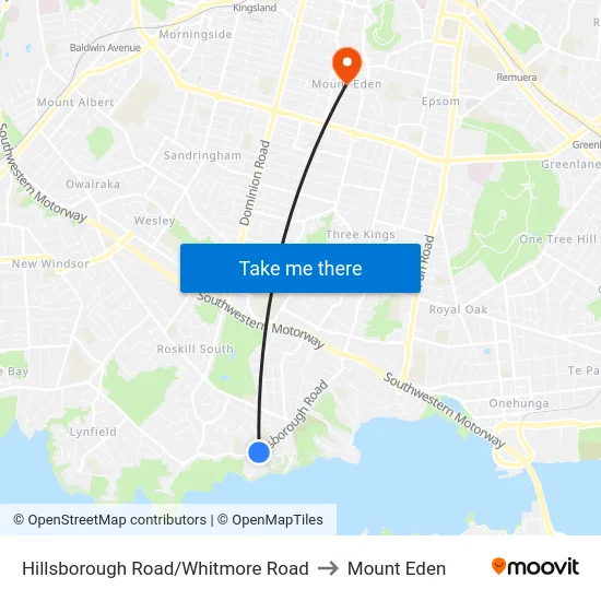 Hillsborough Road/Whitmore Road to Mount Eden map