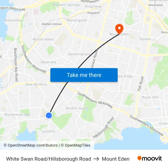 White Swan Road/Hillsborough Road to Mount Eden map