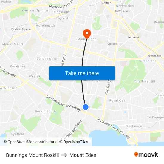 Bunnings Mount Roskill to Mount Eden map