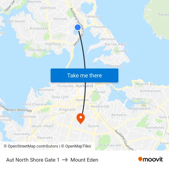 Aut North Shore Gate 1 to Mount Eden map