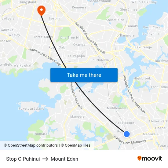 Stop C Puhinui to Mount Eden map
