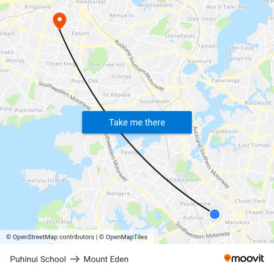 Puhinui School to Mount Eden map
