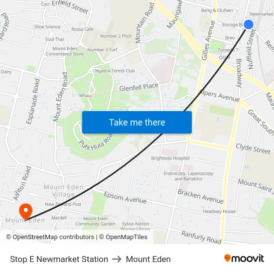 Stop E Newmarket Station to Mount Eden map