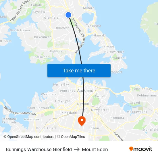 Bunnings Warehouse Glenfield to Mount Eden map