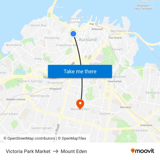 Victoria Park Market to Mount Eden map