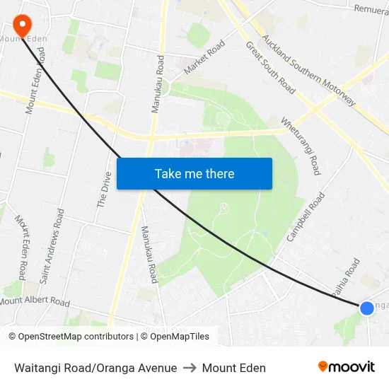 Waitangi Road/Oranga Avenue to Mount Eden map
