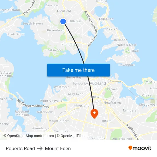 Roberts Road to Mount Eden map