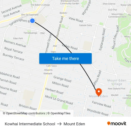 Kowhai Intermediate School to Mount Eden map