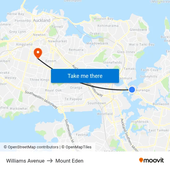 Williams Avenue to Mount Eden map