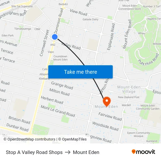 Stop A Valley Road Shops to Mount Eden map
