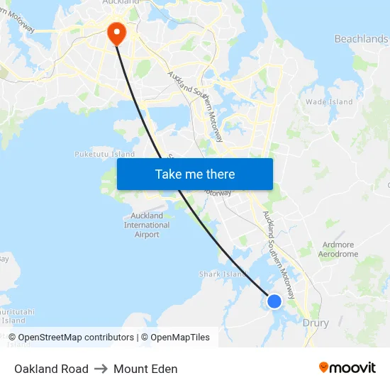 Oakland Road to Mount Eden map