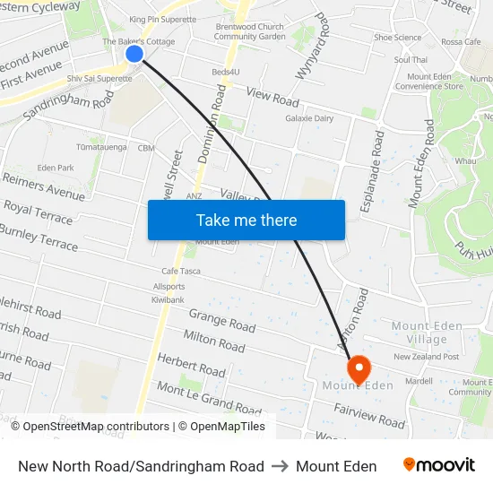 New North Road/Sandringham Road to Mount Eden map