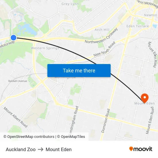 Auckland Zoo to Mount Eden map