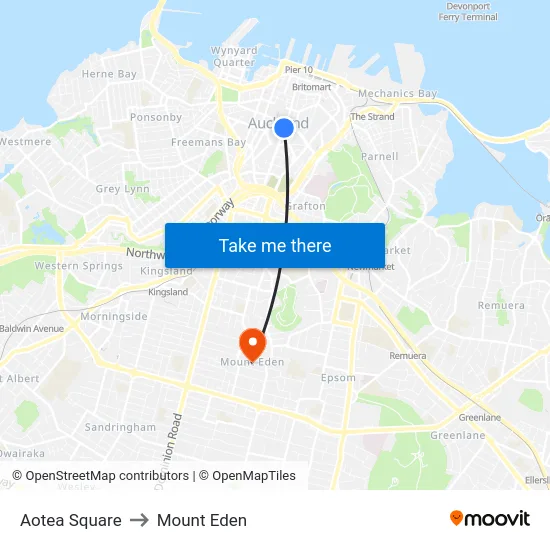 Aotea Square to Mount Eden map