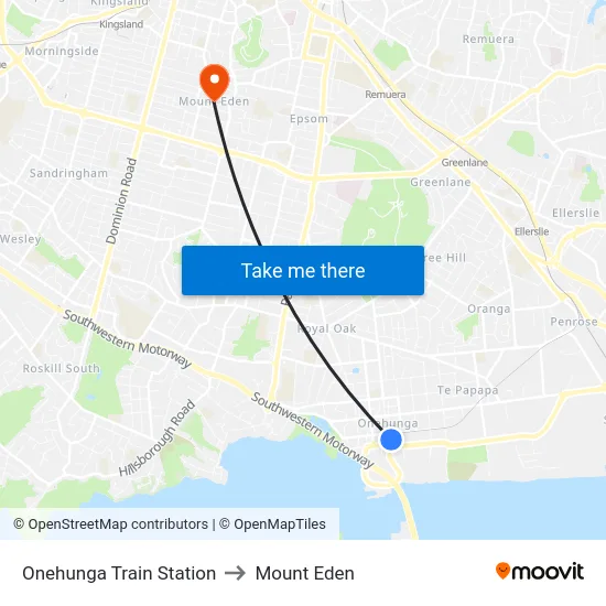 Onehunga Train Station to Mount Eden map