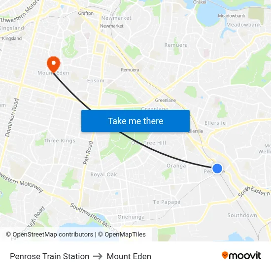 Penrose Train Station to Mount Eden map