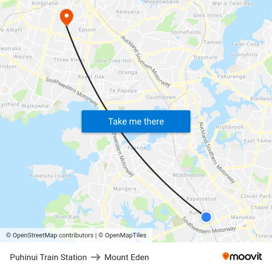 Puhinui Train Station to Mount Eden map