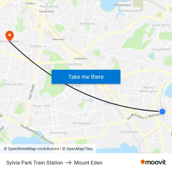 Sylvia Park Train Station to Mount Eden map
