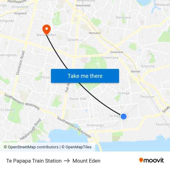 Te Papapa Train Station to Mount Eden map