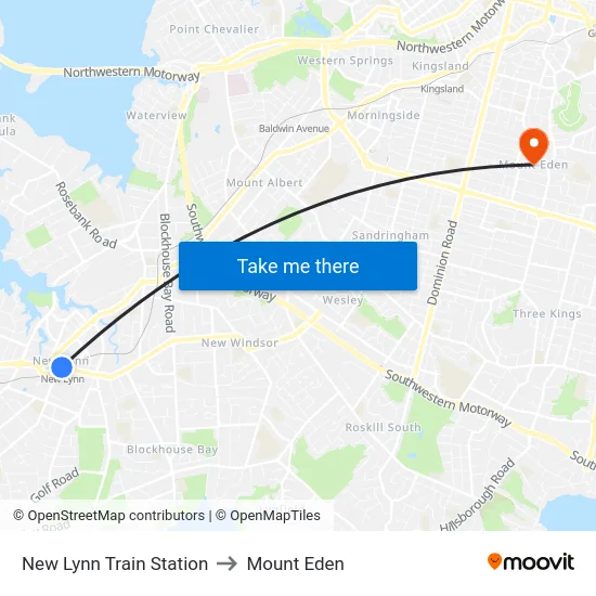 New Lynn Train Station to Mount Eden map
