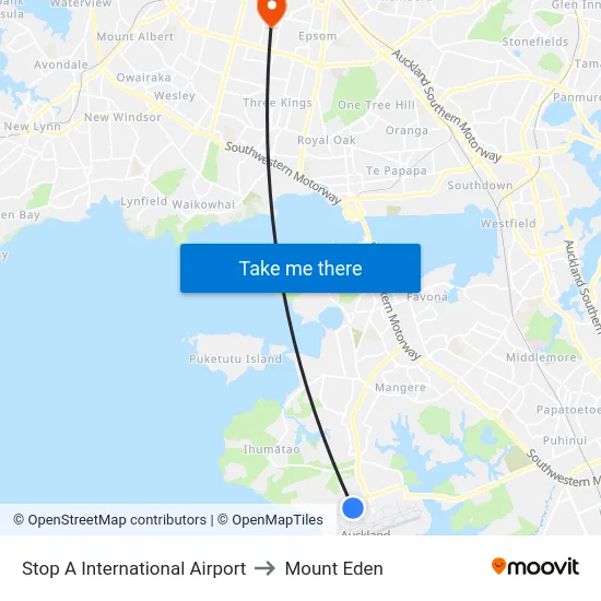 Stop A International Airport to Mount Eden map