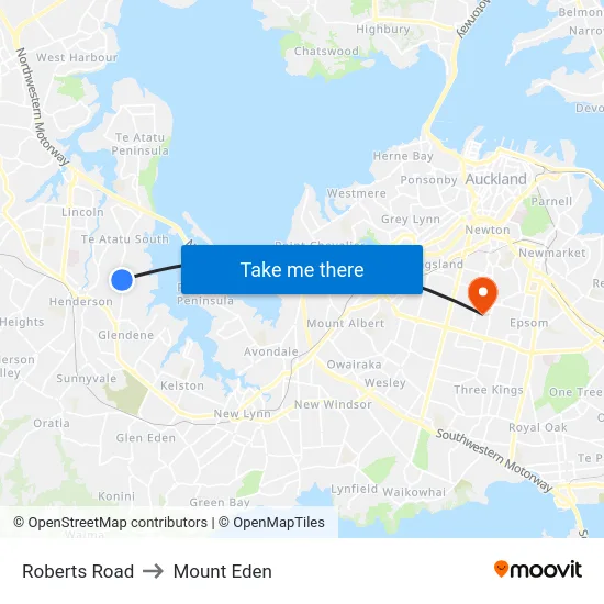 Roberts Road to Mount Eden map