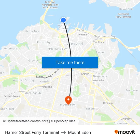 Hamer Street Ferry Terminal to Mount Eden map
