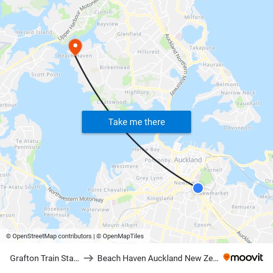 Grafton Train Station to Beach Haven Auckland New Zealand map