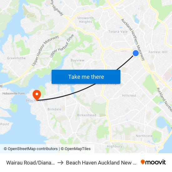 Wairau Road/Diana Drive to Beach Haven Auckland New Zealand map