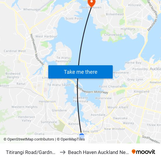 Titirangi Road/Gardner Avenue to Beach Haven Auckland New Zealand map