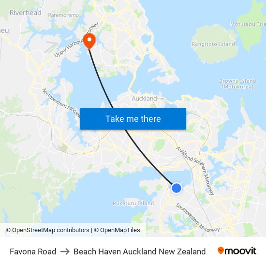 Favona Road to Beach Haven Auckland New Zealand map