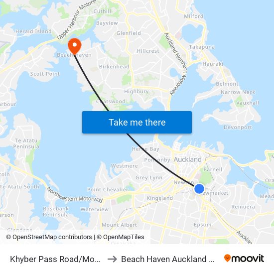 Khyber Pass Road/Mountain Road to Beach Haven Auckland New Zealand map