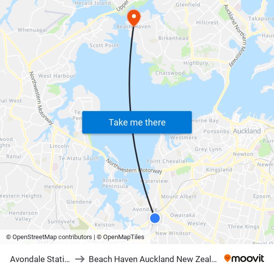 Avondale Station to Beach Haven Auckland New Zealand map