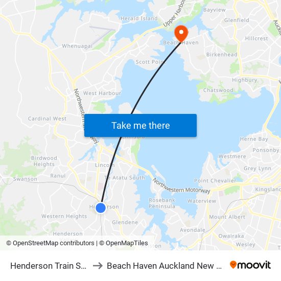 Henderson Train Station to Beach Haven Auckland New Zealand map