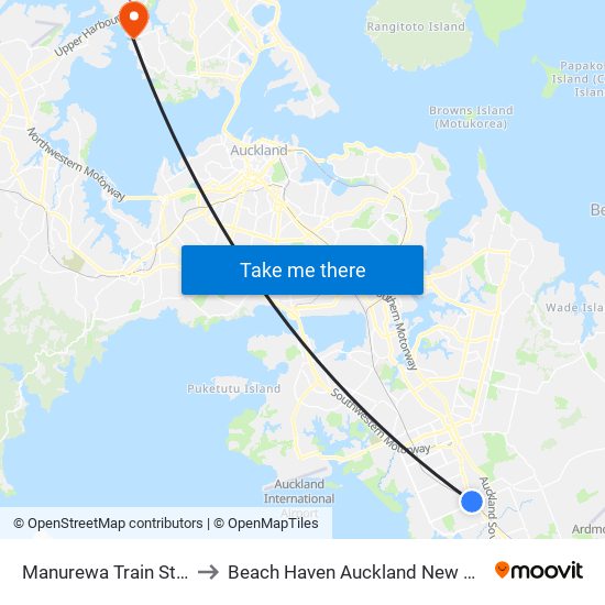 Manurewa Train Station to Beach Haven Auckland New Zealand map