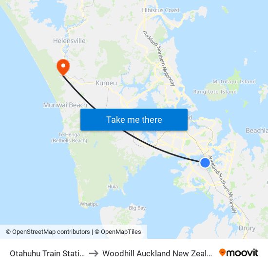 Otahuhu Train Station to Woodhill Auckland New Zealand map