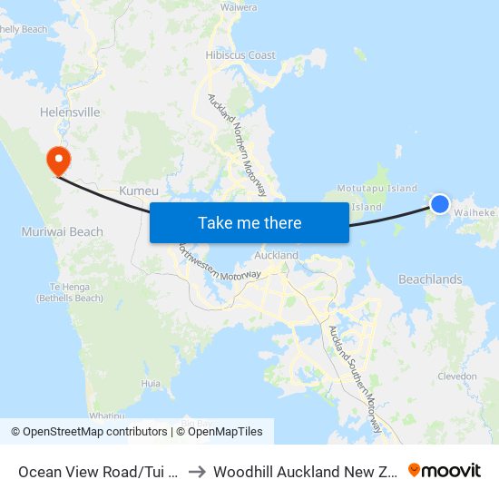 Ocean View Road/Tui Street to Woodhill Auckland New Zealand map