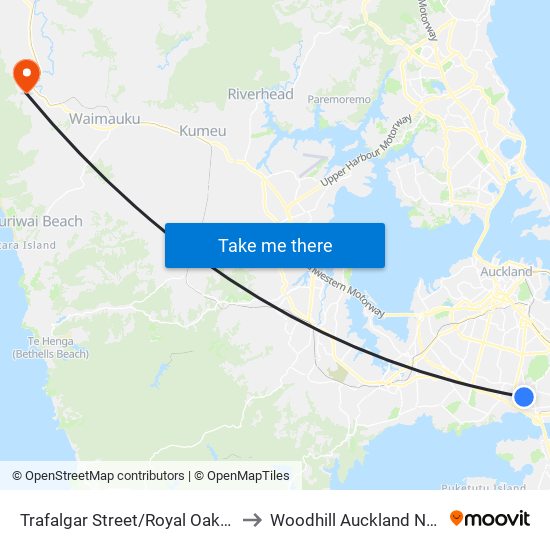 Trafalgar Street/Royal Oak Intermediate to Woodhill Auckland New Zealand map