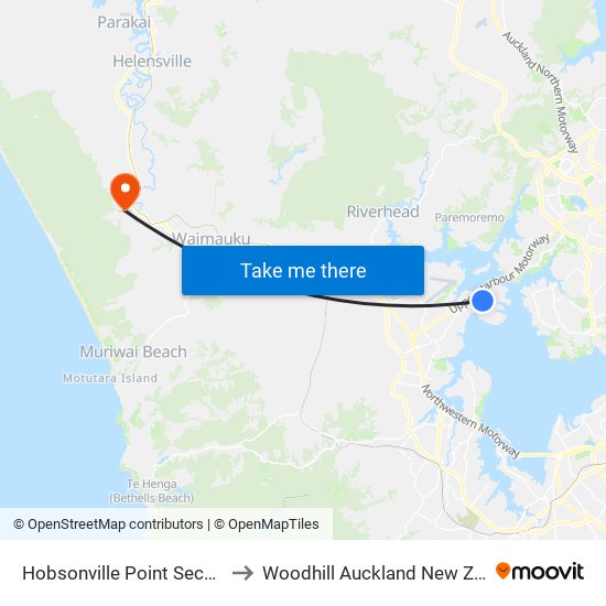 Hobsonville Point Secondary to Woodhill Auckland New Zealand map