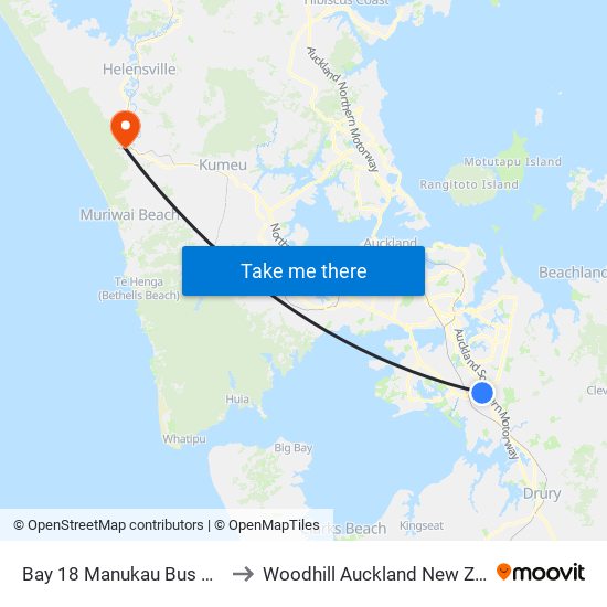 Bay 18 Manukau Bus Station to Woodhill Auckland New Zealand map