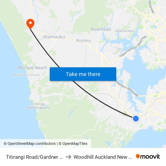 Titirangi Road/Gardner Avenue to Woodhill Auckland New Zealand map