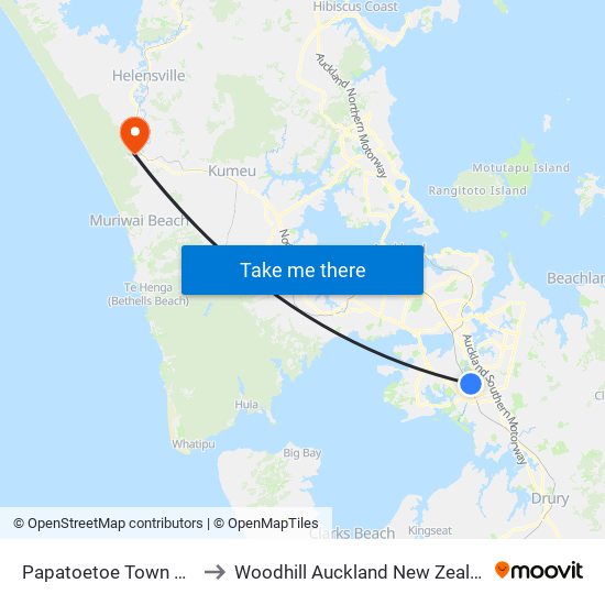 Papatoetoe Town Hall to Woodhill Auckland New Zealand map