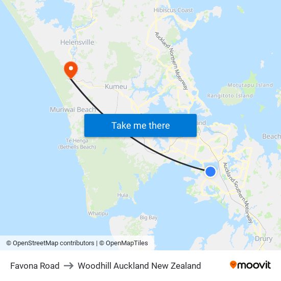 Favona Road to Woodhill Auckland New Zealand map